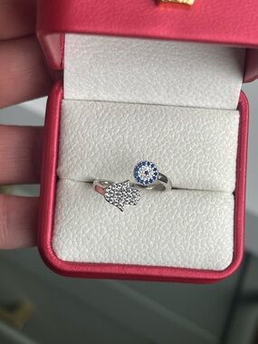 925 Sterling Silver Hamsa and Blue Evil Eye Adjustable Ring